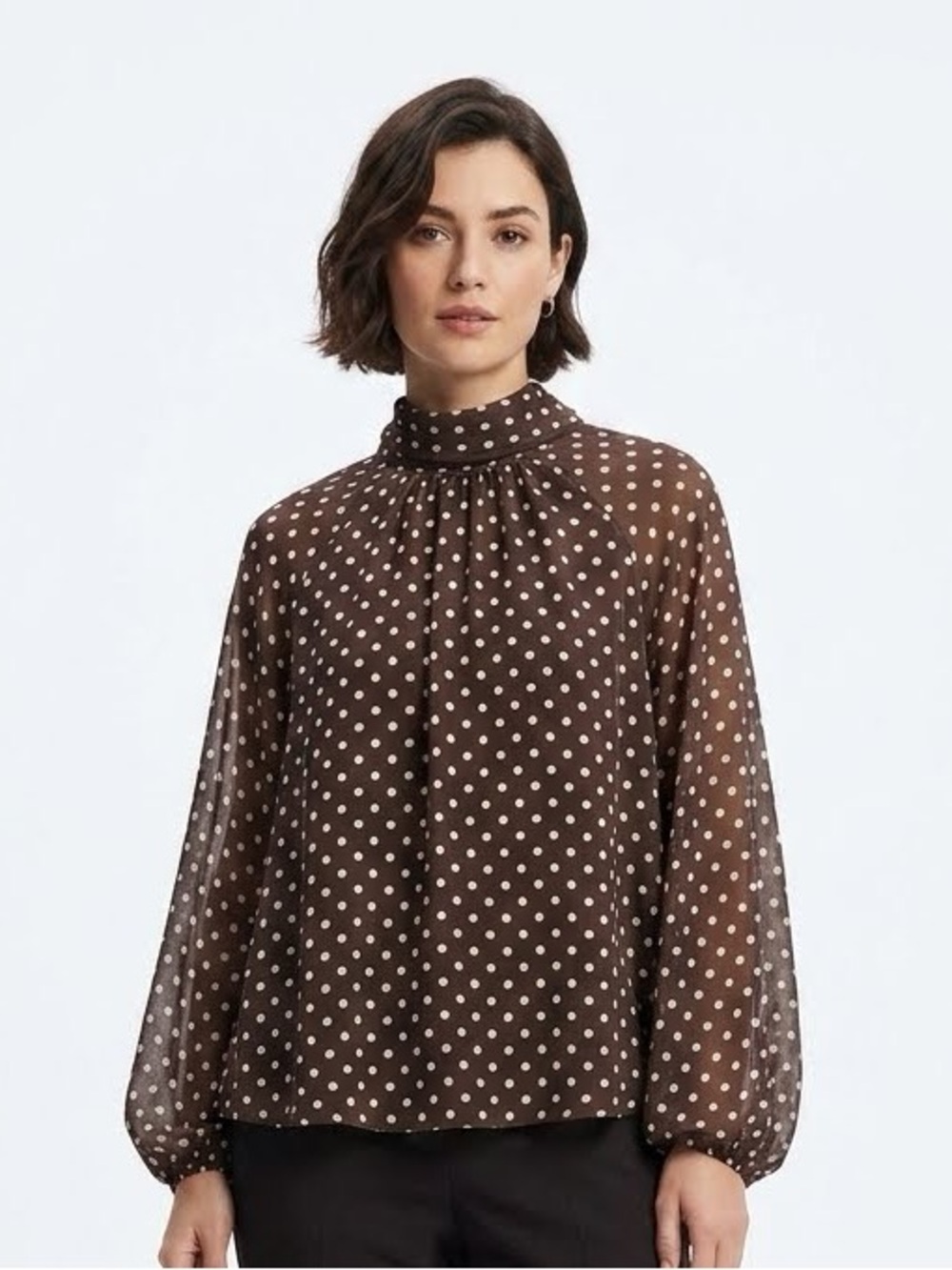 Zara Brown Polka-Dot Cowl High-Neck Blouse with Tie-Back Bow Size XL